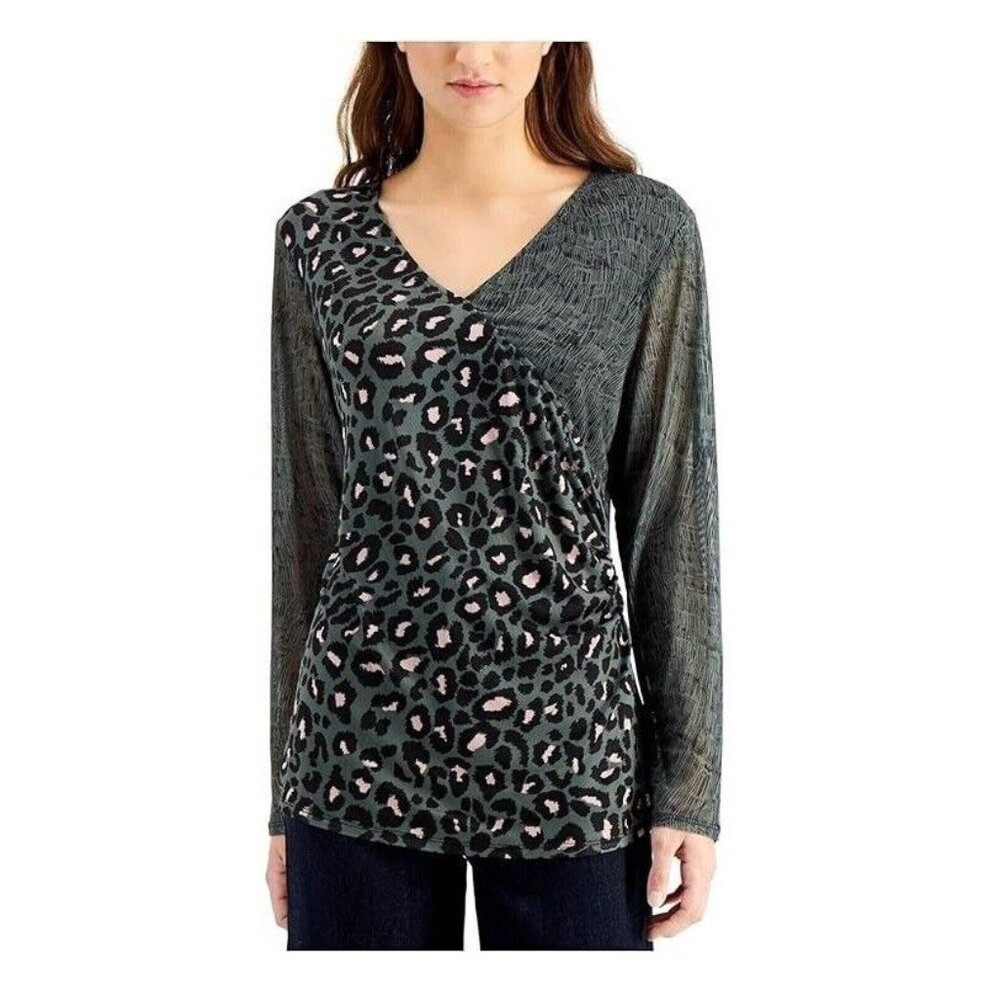 Willow Drive Womens S Cheetah Grain Mesh Sleeve Wrap Top NWT BU49